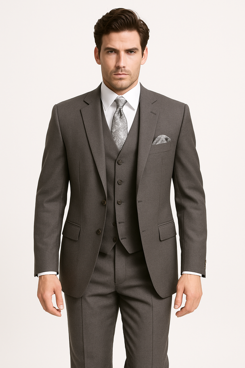 "Charcoal Grey Men's 2-Button Suit with Pleated Pants & Double-Breasted Vest"