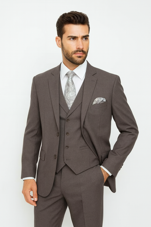 "Charcoal Grey Men's 2-Button Suit with Pleated Pants & Double-Breasted Vest"