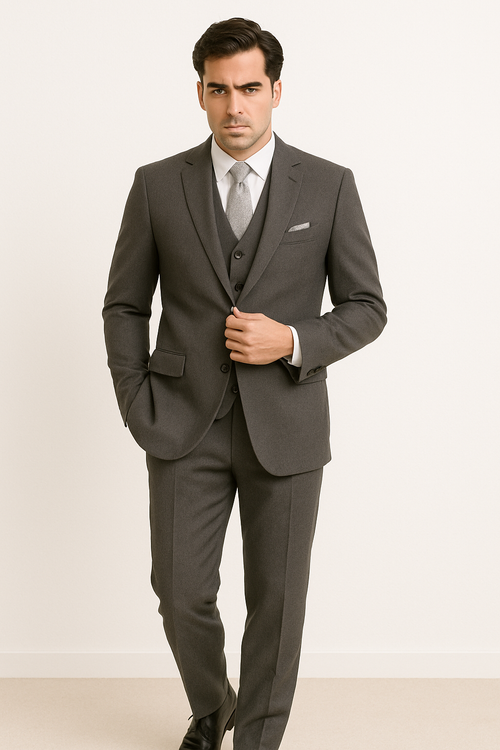 "Charcoal Grey Men's 2-Button Suit with Pleated Pants & Double-Breasted Vest"