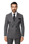 Charcoal double-breasted suit jacket with blue plaid, 100% wool. Tailored lapels, four buttons, two pockets. Wide-leg pleated pants. Classic fit.
