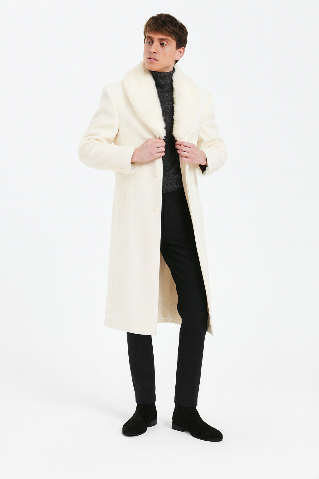 Men's ivory cream overcoat with faux fur shawl collar. Full-length, straight silhouette, double-button closure. Luxurious and structured design.
