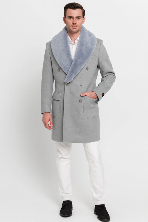 Men's light grey double-breasted wool overcoat. Features a faux fur shawl collar, tailored fit, and two front pockets.
