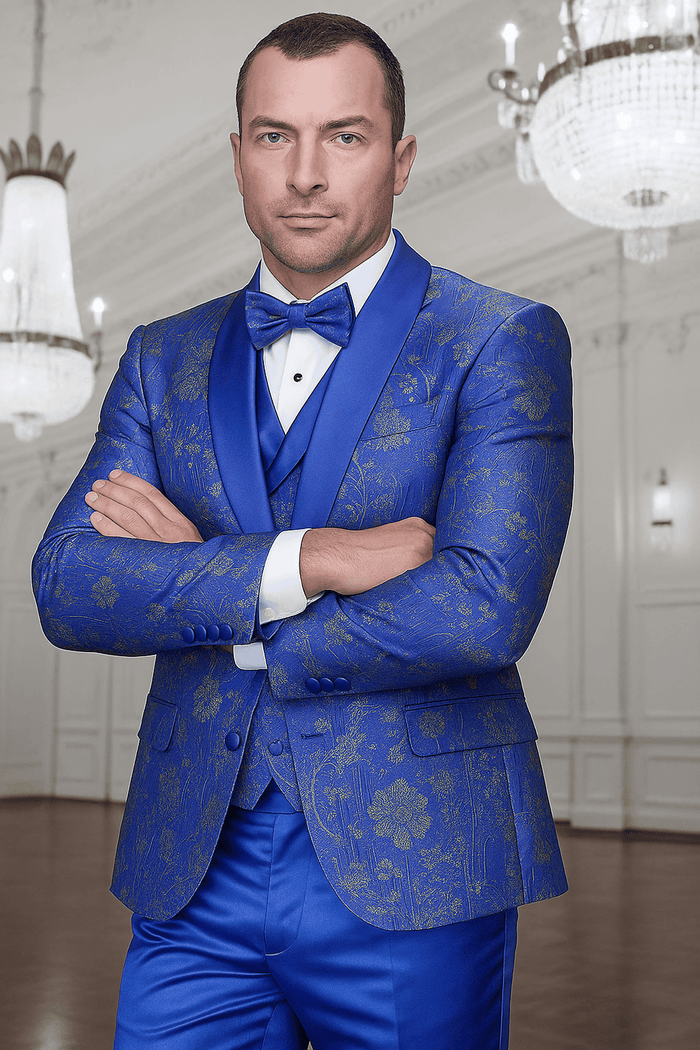 Royal blue paisley tuxedo for men with double-breasted vest. Structured jacket features gold & blue floral print, satin lapels. Elegant and stylish.
