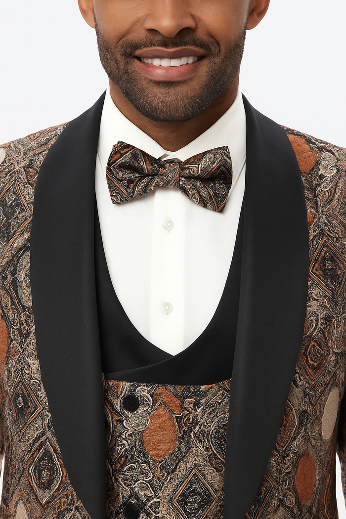 Men's Rust Geometric Pattern Tuxedo with Vest & Bowtie â€“ One Button Formal Suit