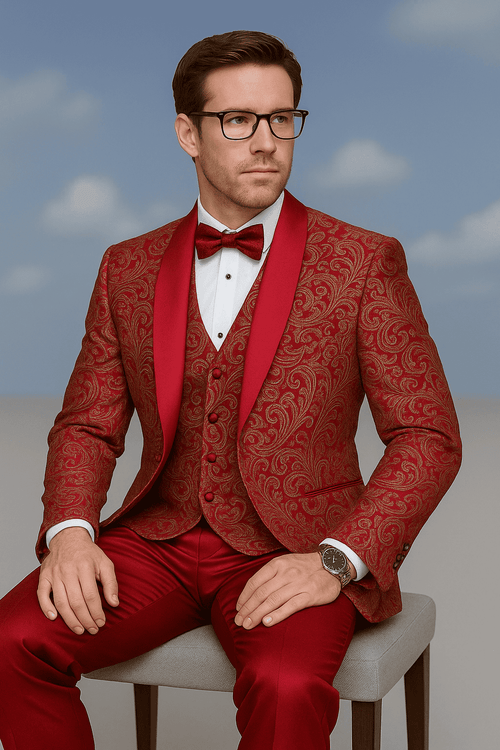 Red paisley brocade tuxedo for men. Double-breasted vest & removable bow tie. Patterned, glossy brocade. Includes matching solid red tailored trousers for a coordinated formal look.
