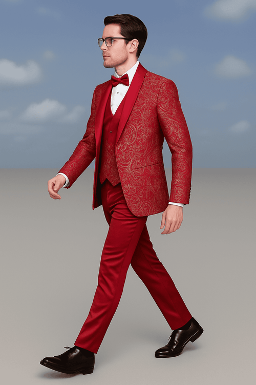 Red paisley brocade tuxedo for men: double-breasted jacket, matching vest, tailored pants, and bowtie. Bold red color with a paisley design. Perfect for prom!
