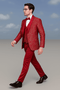 Red paisley brocade tuxedo for men: double-breasted jacket, matching vest, tailored pants, and bowtie. Bold red color with a paisley design. Perfect for prom!
