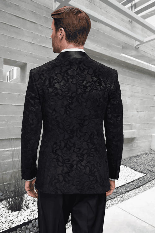 Black paisley velvet smoking jacket tuxedo for men. Double-breasted with vest. Soft black velvet with visible paisley pattern. Satin collar, tailored fit.
