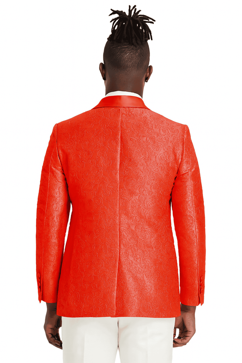 Red slim-fit tuxedo jacket with tonal paisley texture. Structured shoulders, smooth satin collar. Fitted silhouette, central back seam. A stylish, modern take.
