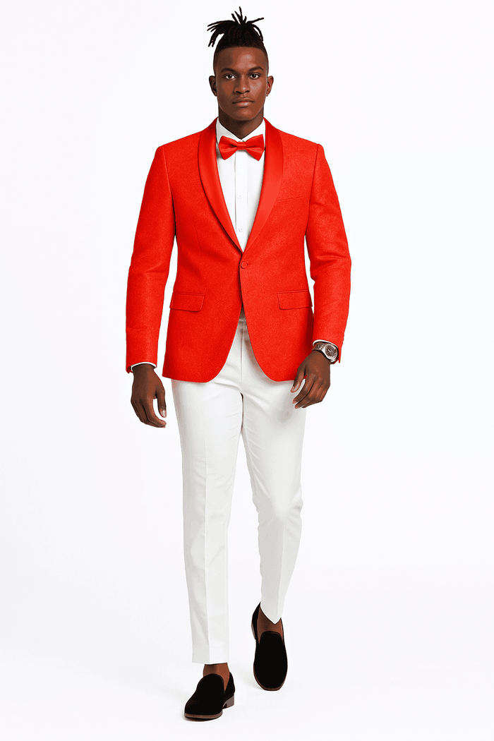 Men's slim fit red tuxedo jacket. Features tonal paisley, single-button front, notched lapels, and two pockets. Smooth, structured material in bright red.
