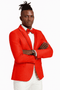 Red slim-fit men's tuxedo jacket with tonal paisley pattern, shawl lapel, and a glossy finish. Fitted shape for a sophisticated look.
