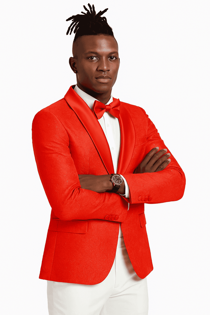 Red slim-fit men's tuxedo jacket with tonal paisley pattern, shawl lapel, and a glossy finish. Fitted shape for a sophisticated look.

