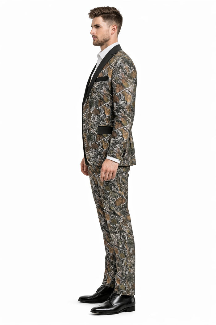Army Green - Camouflage Patterned Two Toned Vested Olive Camo Tuxedo