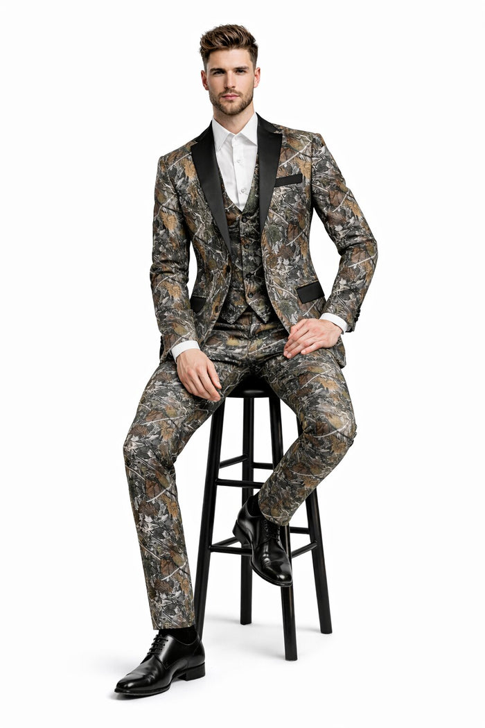 Army Green - Camouflage Patterned Two Toned Vested Olive Camo Tuxedo