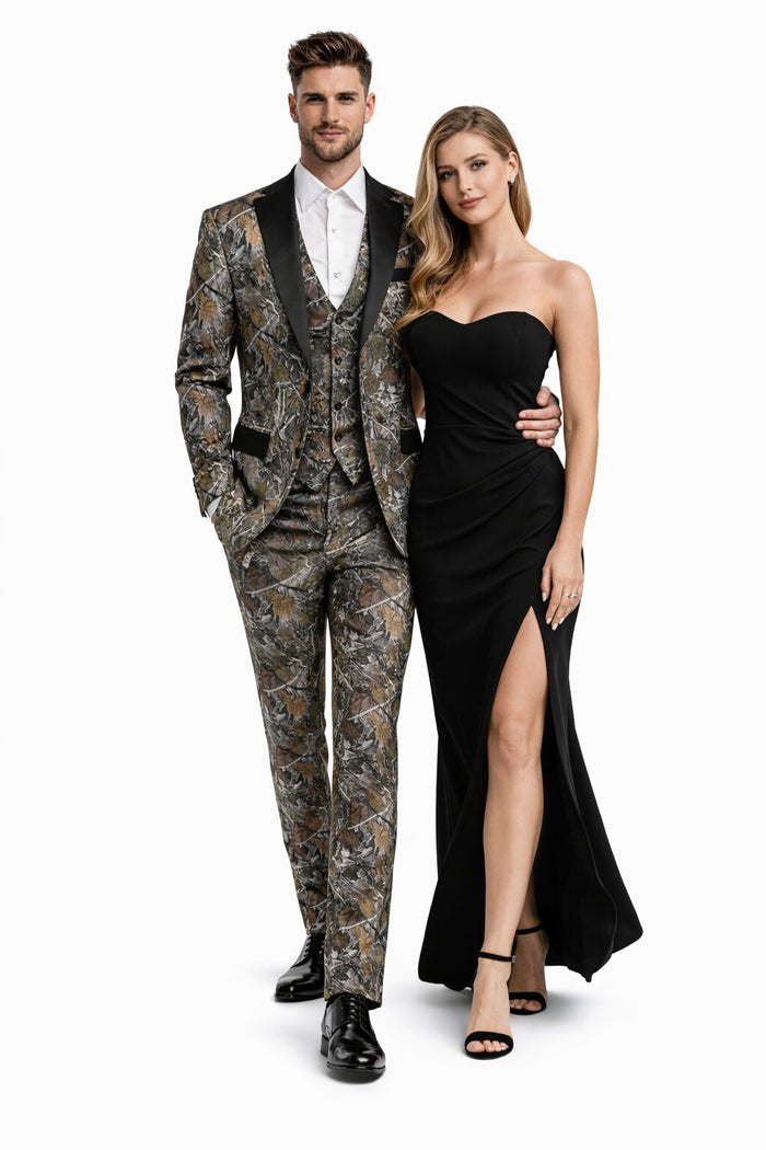 Army Green - Camouflage Patterned Two Toned Vested Olive Camo Tuxedo
