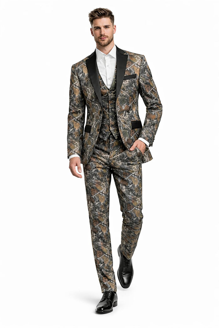 Army Green - Camouflage Patterned Two Toned Vested Olive Camo Tuxedo