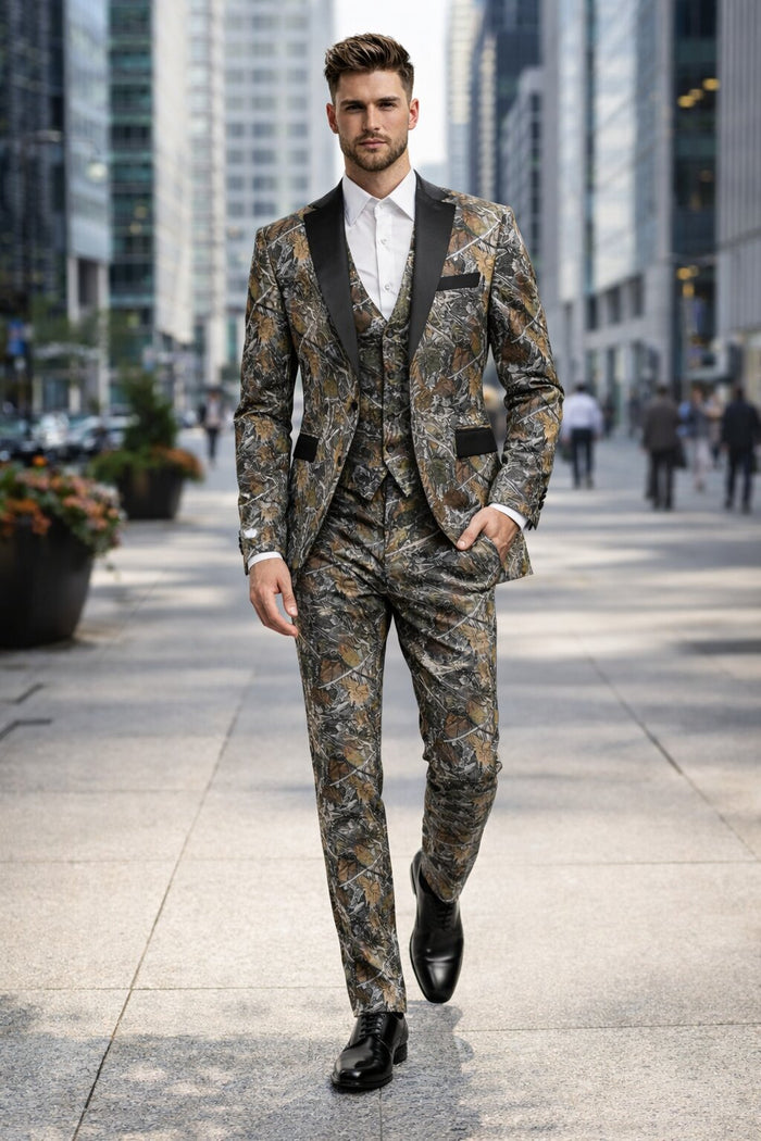 Army Green - Camouflage Patterned Two Toned Vested Olive Camo Tuxedo