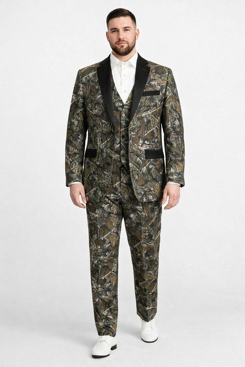Army Green - Camouflage Patterned Two Toned Vested Olive Camo Tuxedo
