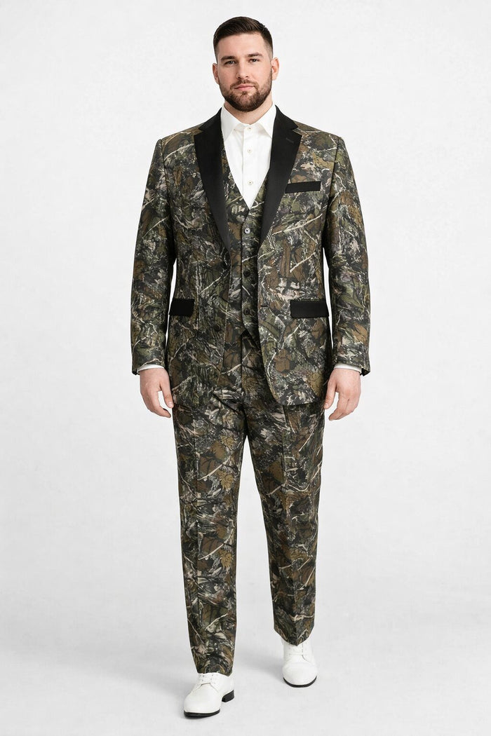 Army Green - Camouflage Patterned Two Toned Vested Olive Camo Tuxedo