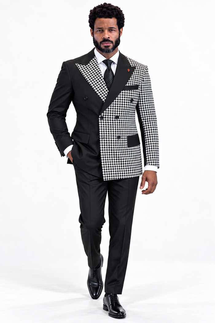 Mens Houndstooth Glen Plaid Double Breasted Two-Toned 100% Wool Side Vented Modern Fit Suit in Black