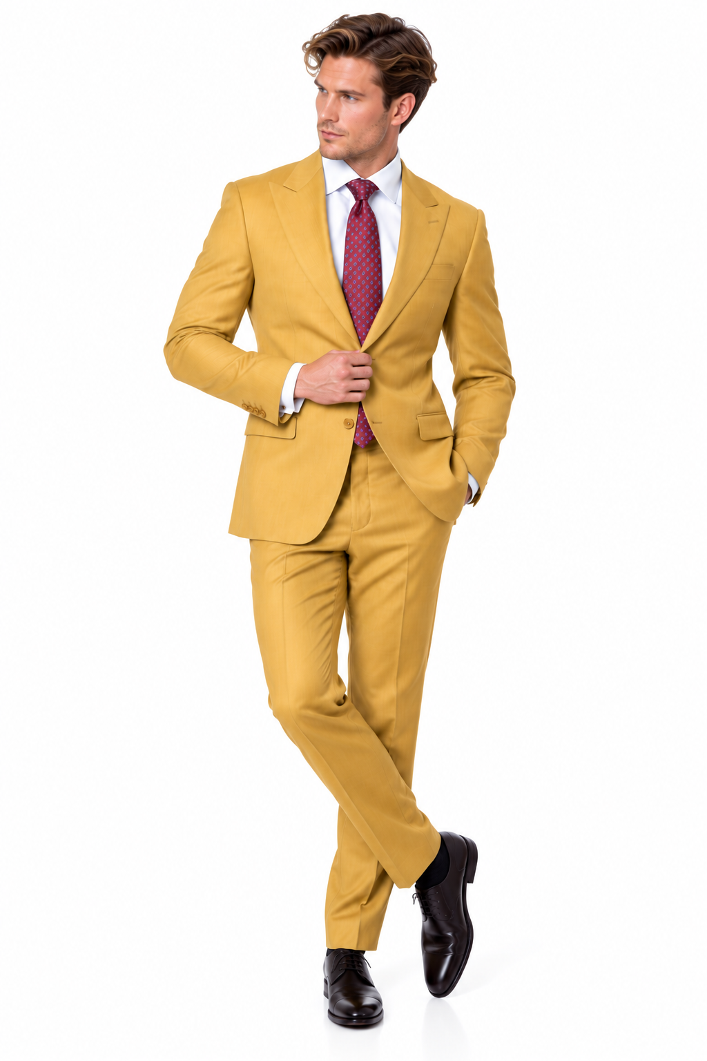 Statement Men's Modern Fit 2 Piece 100% Super 200 Wool Suit Peak Lapel in Chestnut - image 5