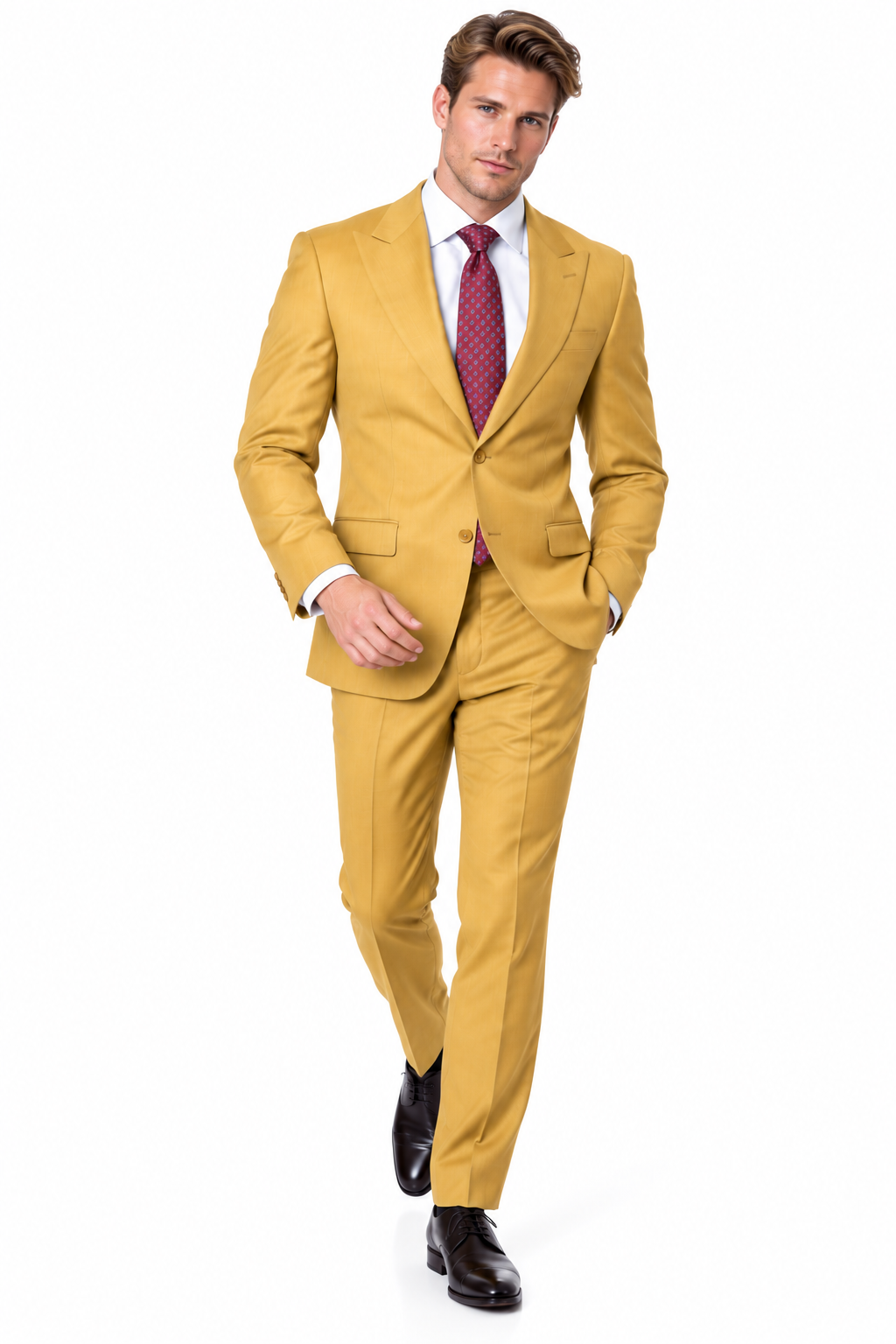 Statement Men's Modern Fit 2 Piece 100% Super 200 Wool Suit Peak Lapel in Chestnut - image 4