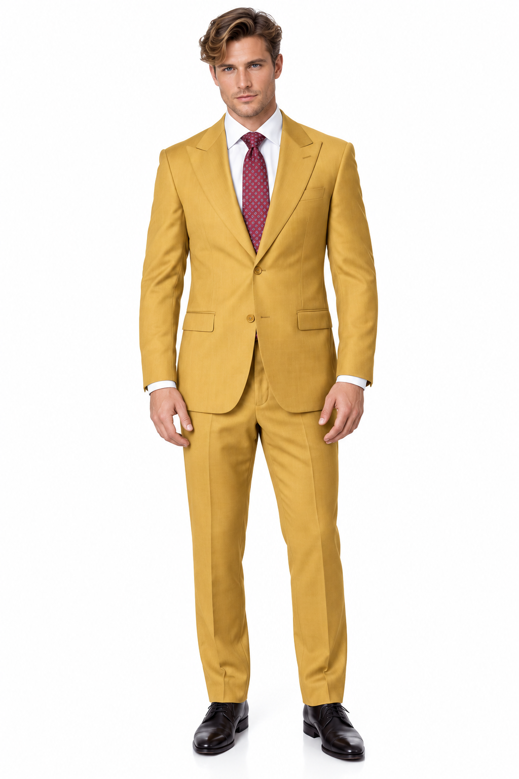 Statement Men's Modern Fit 2 Piece 100% Super 200 Wool Suit Peak Lapel in Chestnut - image 2