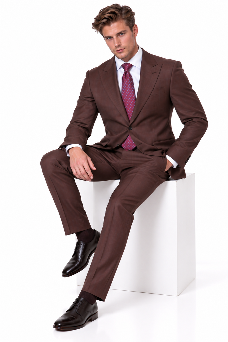 Statement Men's Modern Fit 2 Piece 100% Super 200 Wool Suit Peak Lapel in Brown - image 9