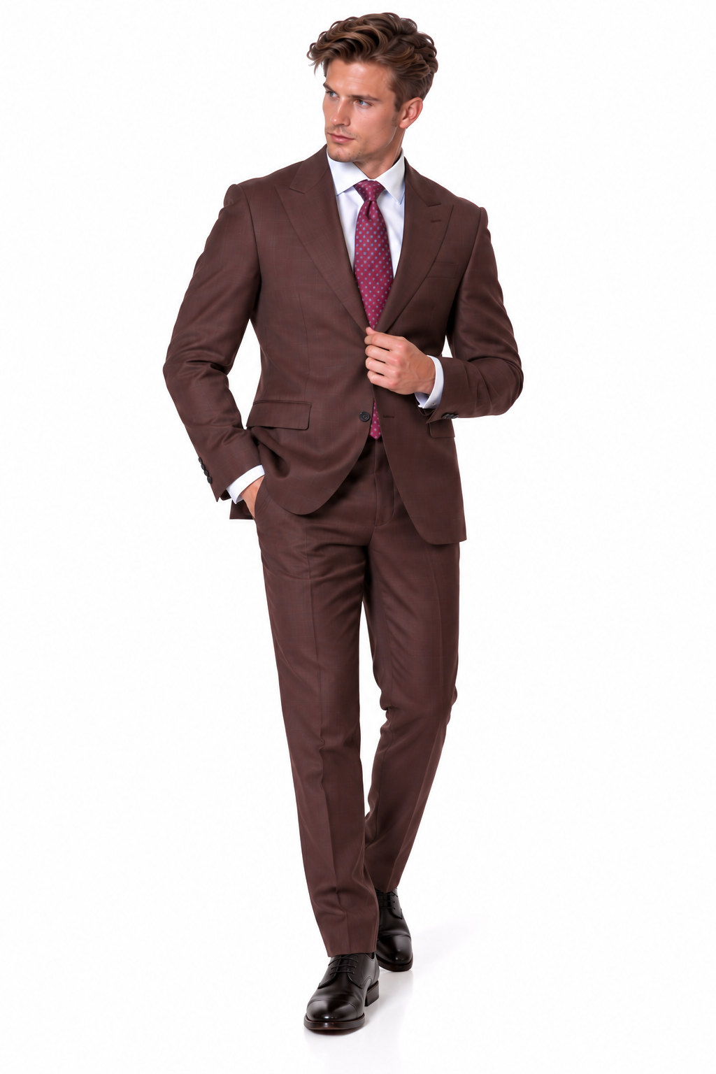 Statement Men's Modern Fit 2 Piece 100% Super 200 Wool Suit Peak Lapel in Brown - image 8