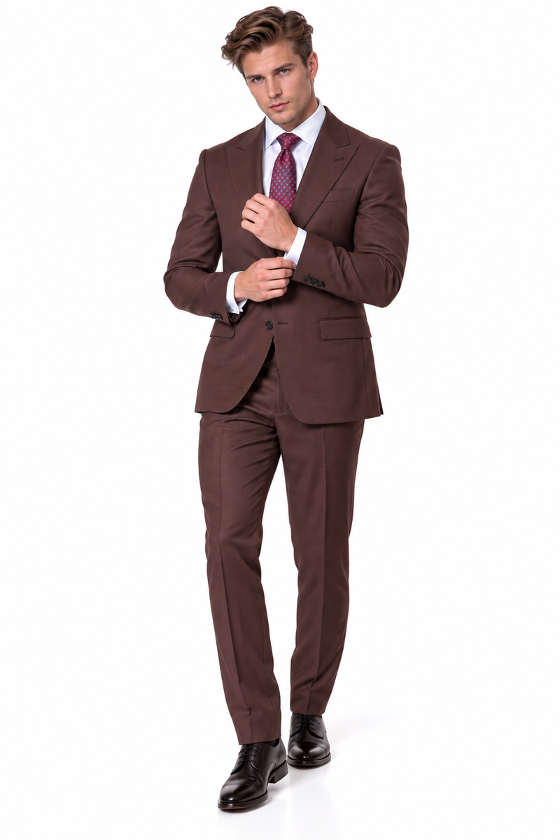 Statement Men's Modern Fit 2 Piece 100% Super 200 Wool Suit Peak Lapel in Brown - image 7