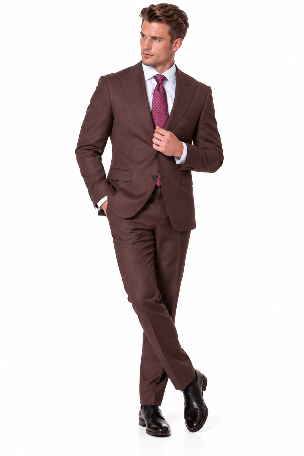 Statement Men's Modern Fit 2 Piece 100% Super 200 Wool Suit Peak Lapel in Brown - image 6
