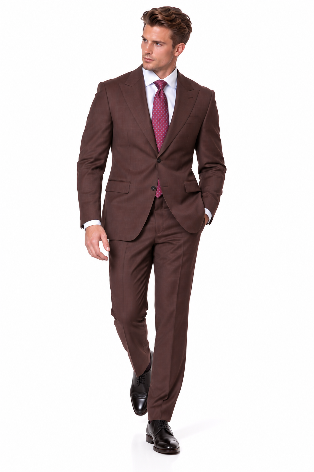 Statement Men's Modern Fit 2 Piece 100% Super 200 Wool Suit Peak Lapel in Brown - image 5