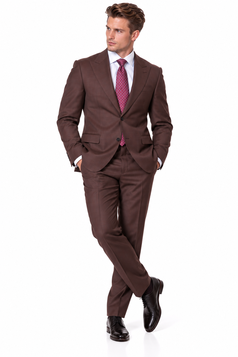 Statement Men's Modern Fit 2 Piece 100% Super 200 Wool Suit Peak Lapel in Brown - image 4