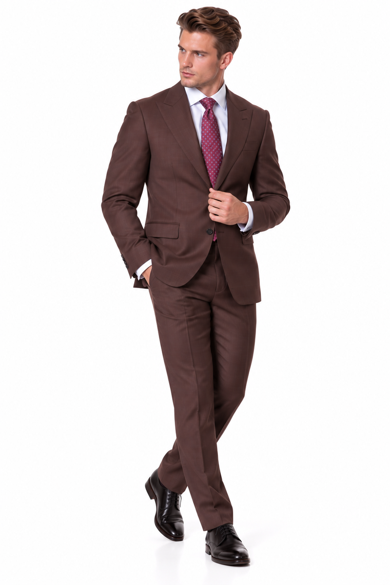 Statement Men's Modern Fit 2 Piece 100% Super 200 Wool Suit Peak Lapel in Brown - image 3
