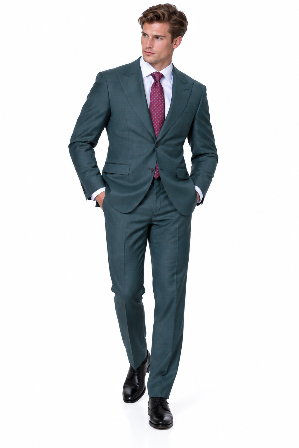 Statement Men's Modern Fit 2 Piece 100% Super 200 Wool Suit Peak Lapel in Olive - image 5