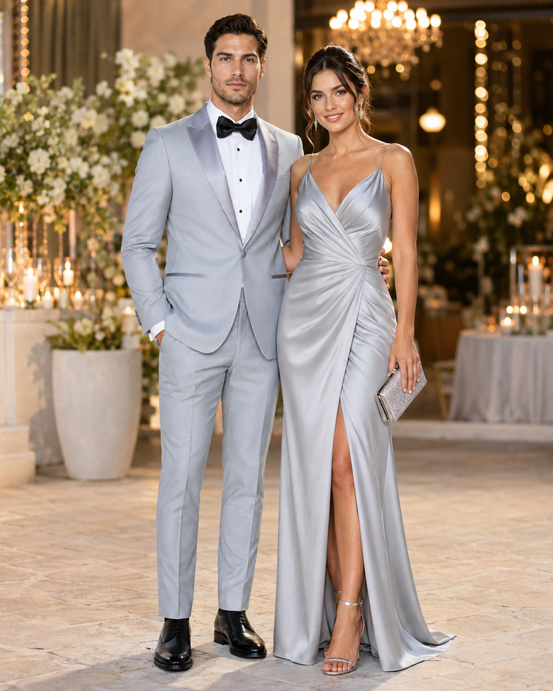 Men’s Silver Dinner Jacket – Satin Peak Lapel Tuxedo Blazer for Weddings, Prom & Formal Events in color silver grey