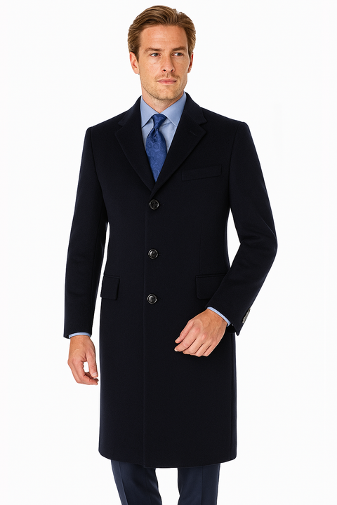 Pure Wool Full-Length Men’s Navy Overcoat – Classic Winter Dress Coat