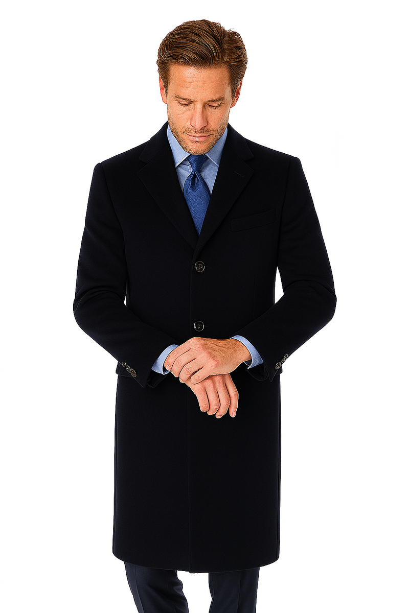 Pure Wool Full-Length Mens Navy Overcoat - Classic Winter Dress Coat