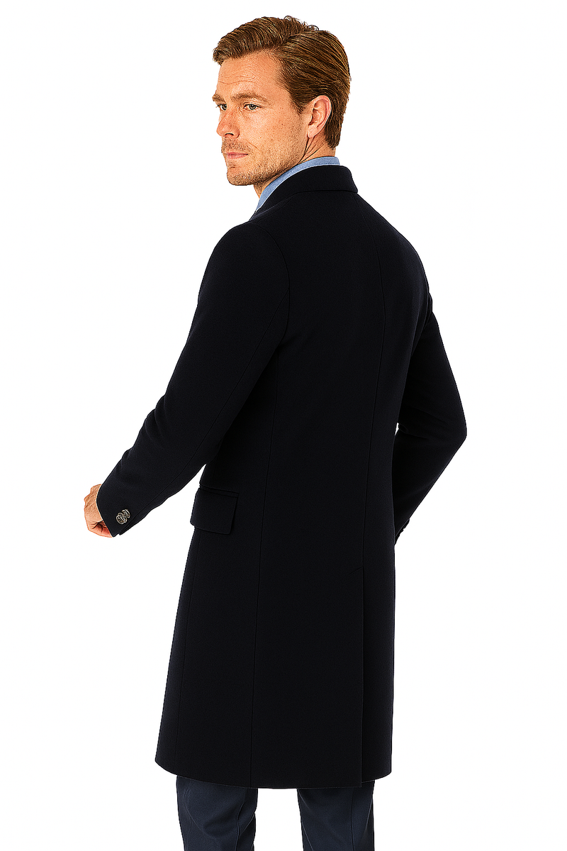 Pure Wool Full-Length Mens Navy Overcoat - Classic Winter Dress Coat