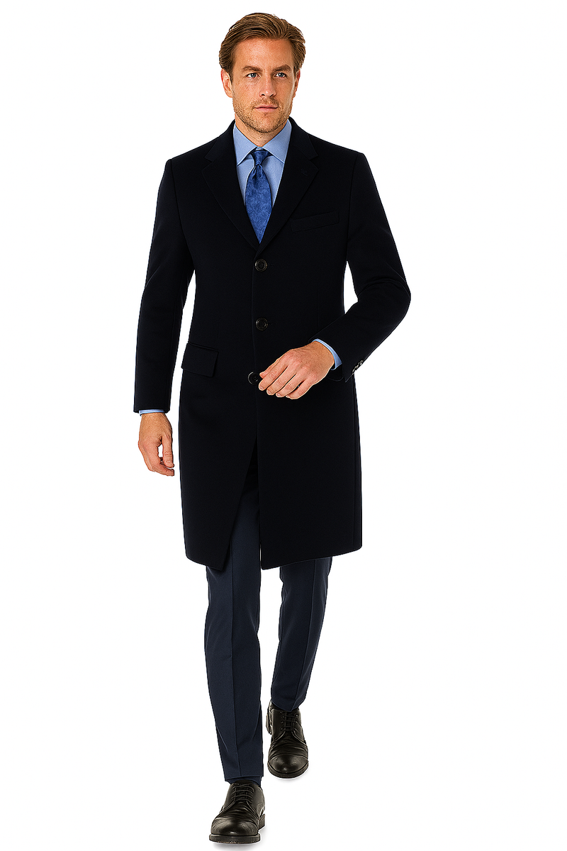 Pure Wool Full-Length Mens Navy Overcoat - Classic Winter Dress Coat