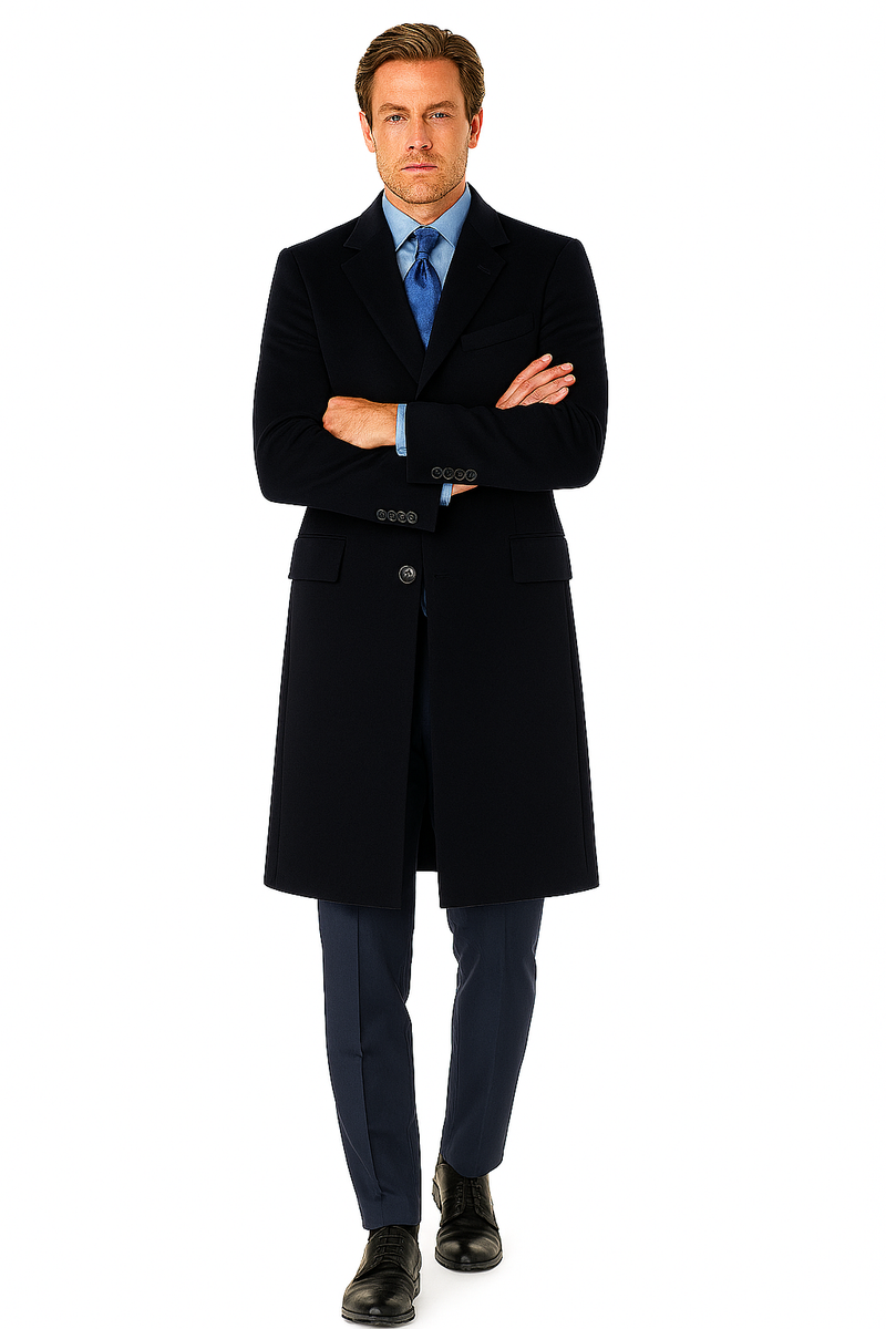 Pure Wool Full-Length Mens Navy Overcoat - Classic Winter Dress Coat