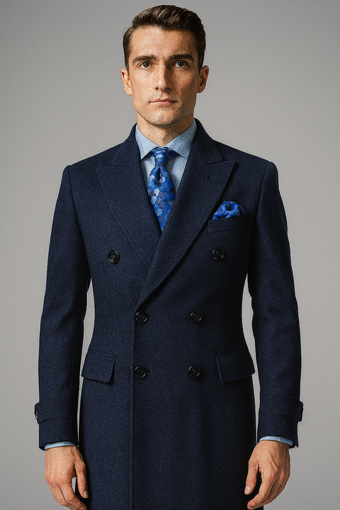 "Men's Navy Wool Peacoat â€“ Double Breasted 3/4 Length Overcoat"
