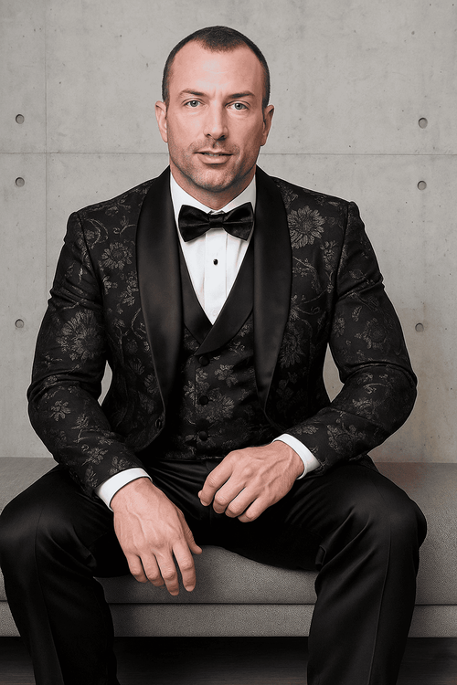 Alberto Nardoni men's black paisley tuxedo. Tailored silhouette, shawl collar, intricate paisley print. Matching vest, white shirt, black bow tie. Structured fit, satin lapel, formal.
