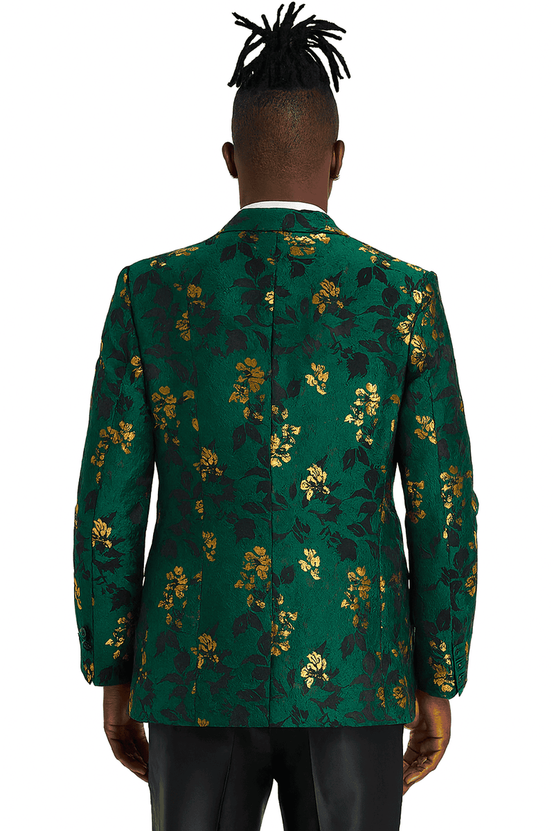 Hunter green slim-fit tuxedo jacket. Gold paisley & floral pattern with black accents. Structured shape, single back vent, traditional lapels. Textured fabric.

