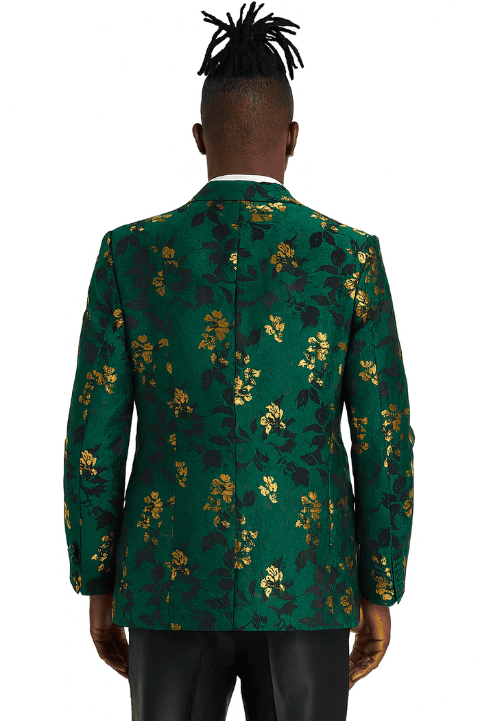 Hunter green slim-fit tuxedo jacket. Gold paisley & floral pattern with black accents. Structured shape, single back vent, traditional lapels. Textured fabric.
