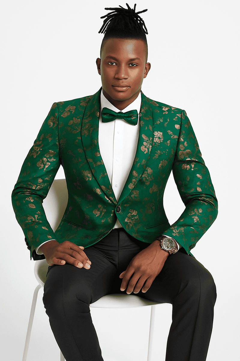 Hunter green men's slim fit tuxedo jacket with gold paisley. Structured shape, single-button closure, and notched lapels. A stylish blazer.
