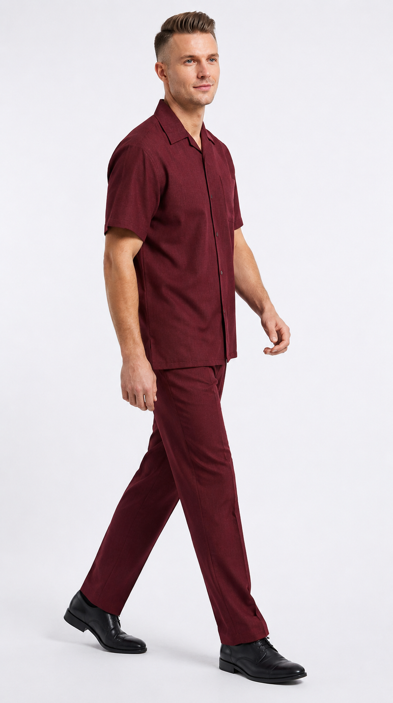 Men’s Burgundy 100% Linen Walking Suit, Short Sleeve Shirt and Matching Pants Casual 2 Piece Set