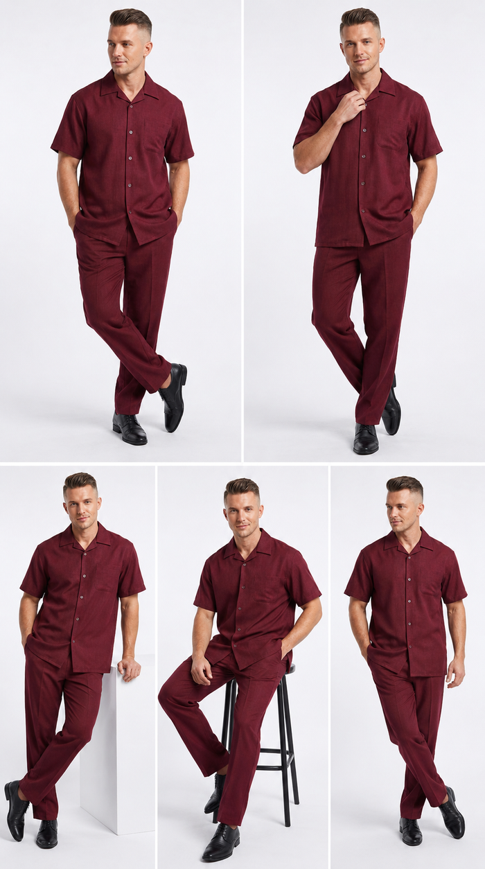 Men’s Burgundy 100% Linen Walking Suit, Short Sleeve Shirt and Matching Pants Casual 2 Piece Set
