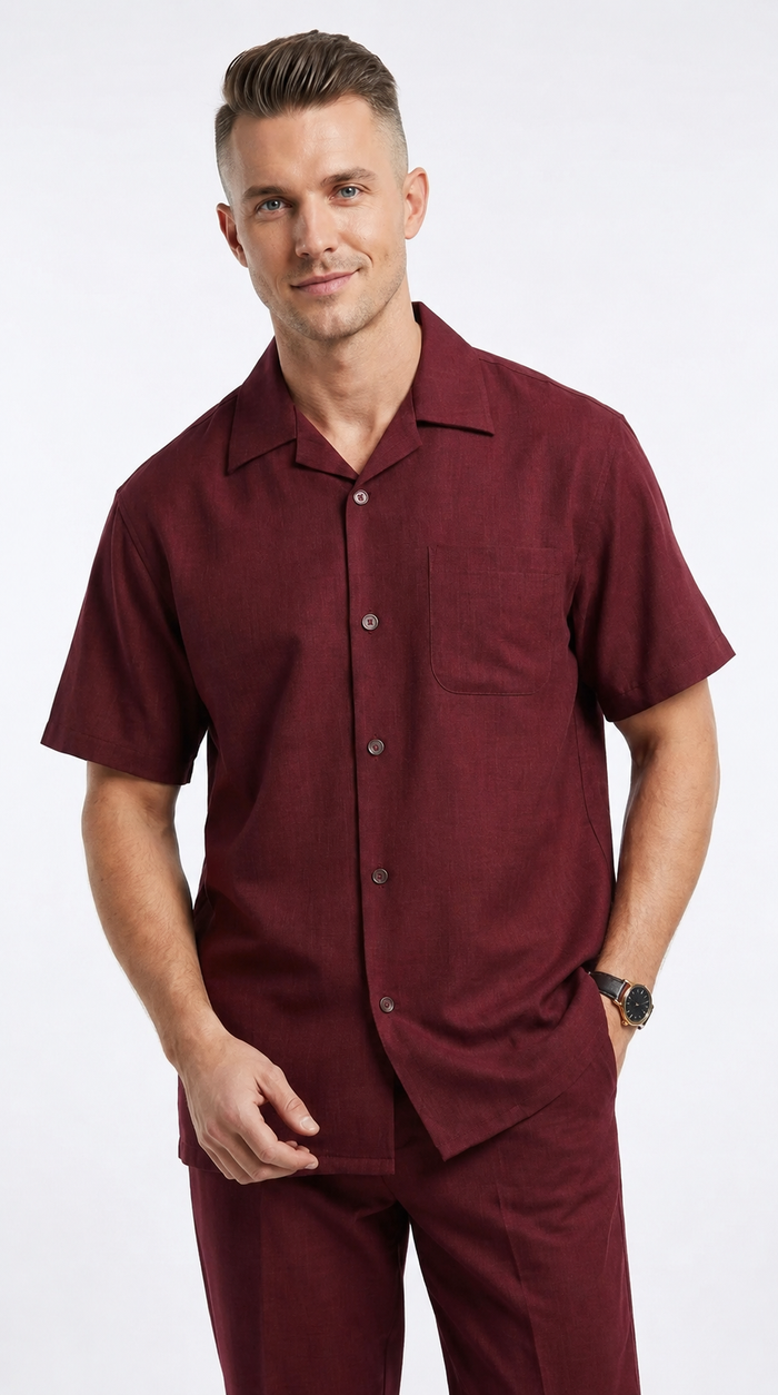 Men’s Burgundy 100% Linen Walking Suit, Short Sleeve Shirt and Matching Pants Casual 2 Piece Set