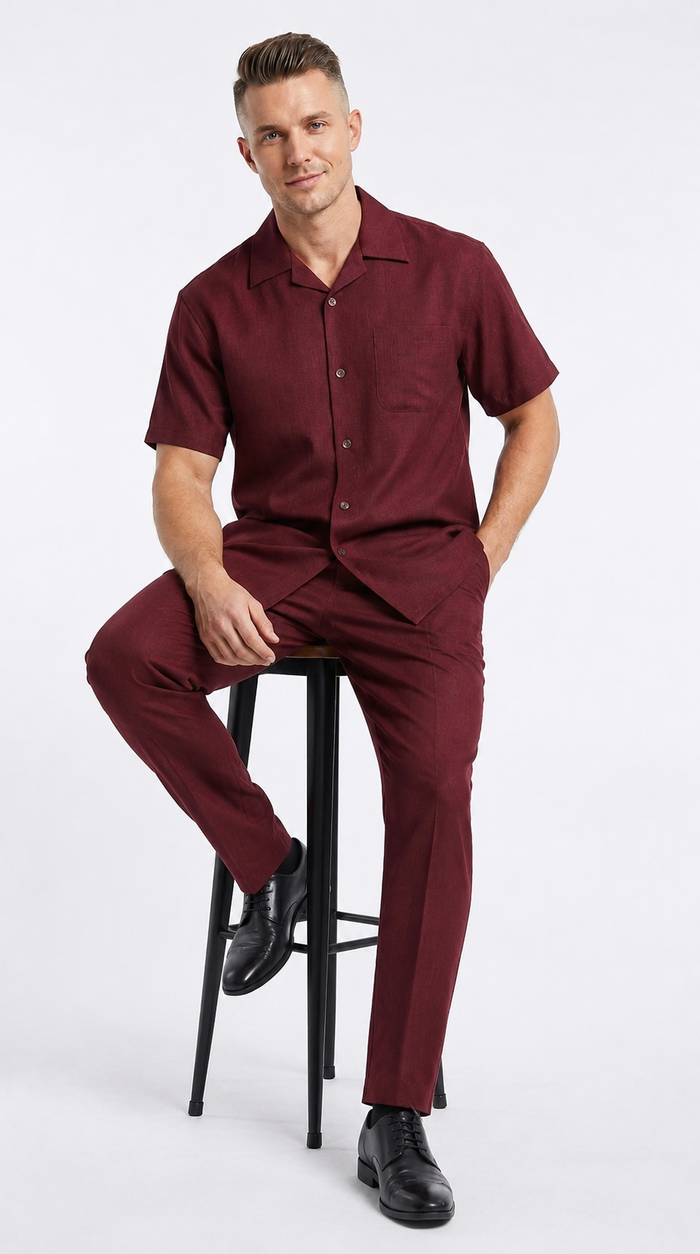 Men’s Burgundy 100% Linen Walking Suit, Short Sleeve Shirt and Matching Pants Casual 2 Piece Set